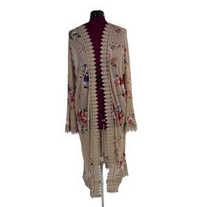 Rue Long Cover Up Duster 2X Mesh Beige Floral Crochet  Boho Fairy Cottagecore